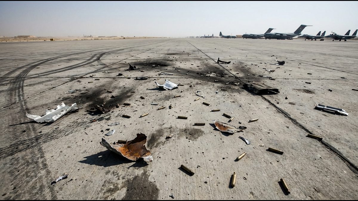 Spent shell casings and shrapnel scattered across military airfield tarmac with transport aircraft in background