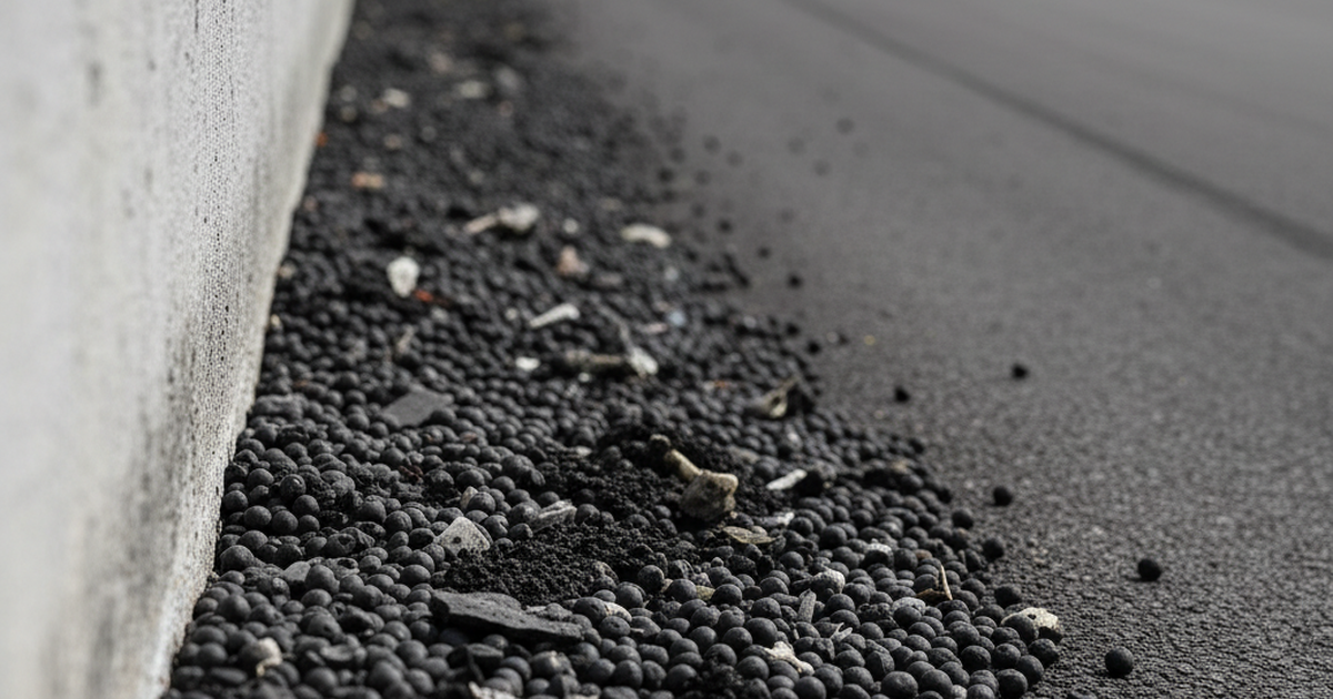 Rubber marbles and debris piled against a banked oval track wall