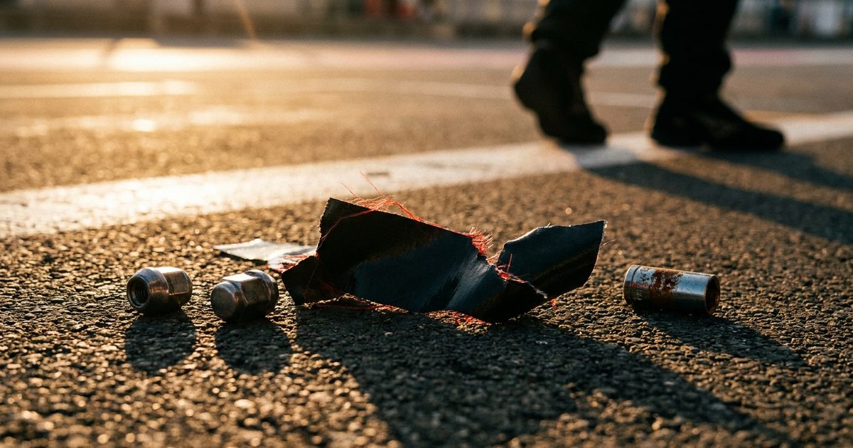 Close-up of scattered pit stop debris on racing surface at golden hour