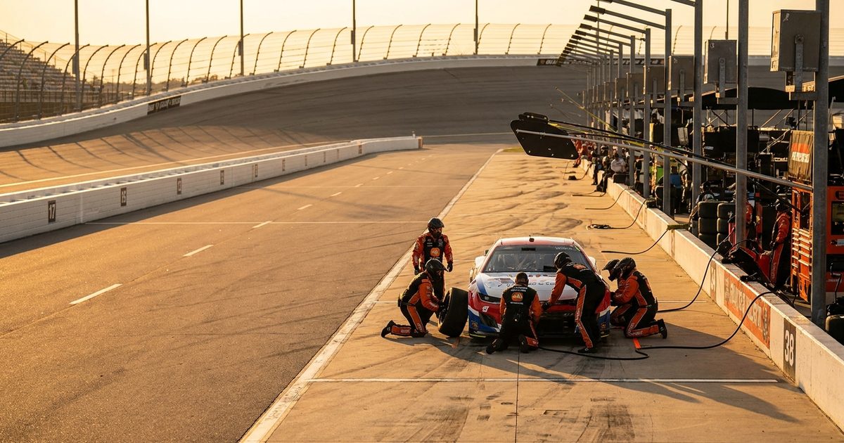 NASCAR-style oval pit road at golden hour with stock car being serviced by pit crew
