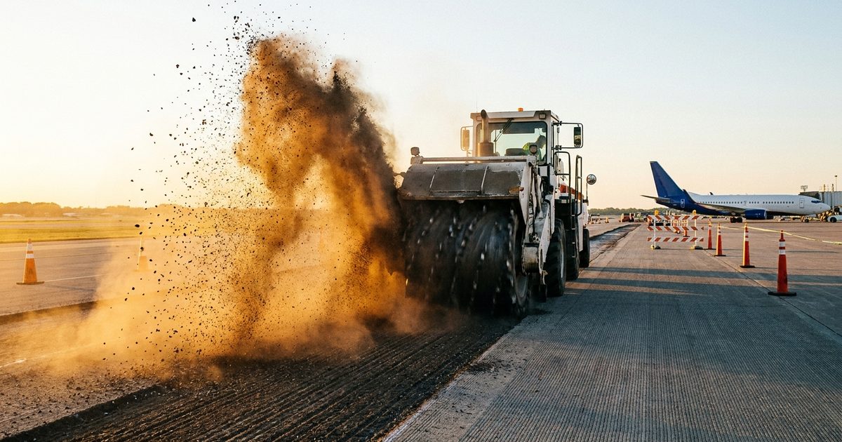 Cold milling machine grinding airport runway surface, creating debris at golden hour