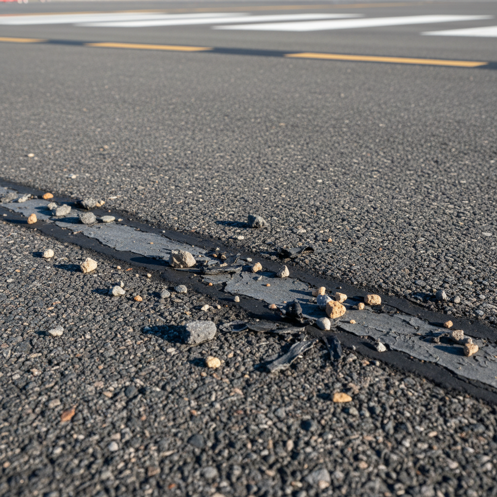 Loose aggregate and asphalt debris on airport runway surface near a pavement repair joint