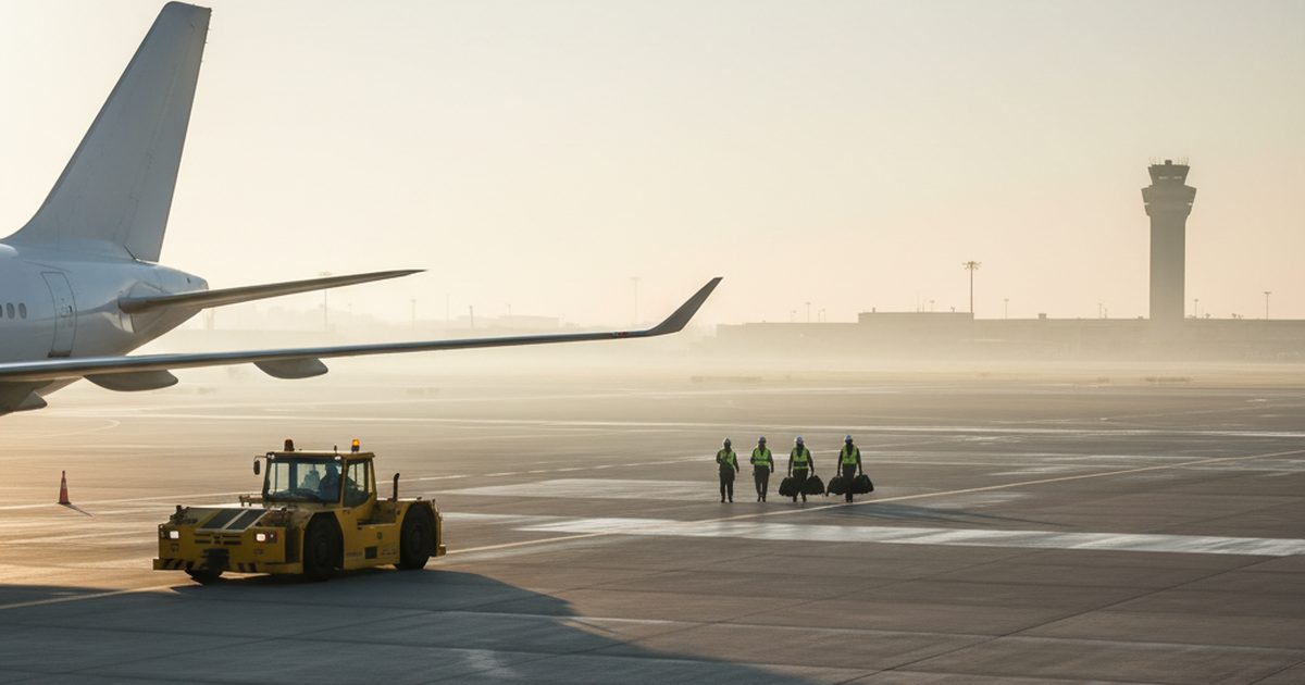 Commercial airport ramp at dawn with a yellow pushback tug in motion near aircraft