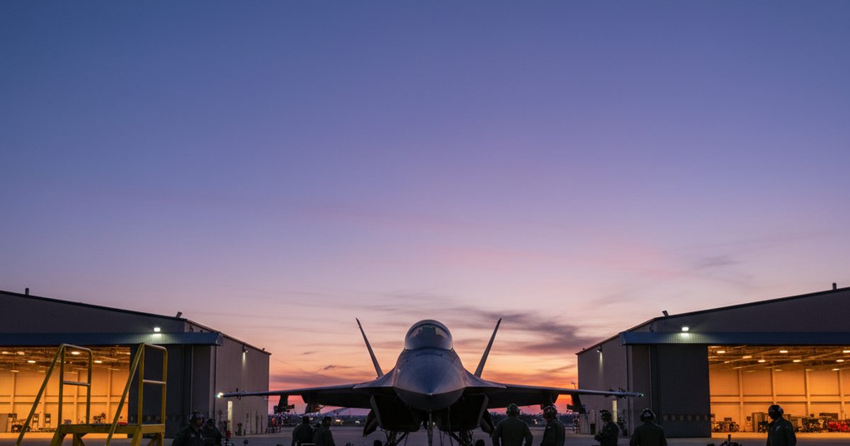 Military flightline at dusk with maintenance ground crew and equipment around a fighter aircraft