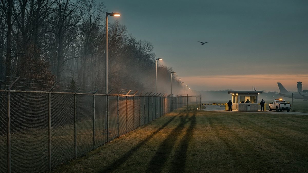 Airport perimeter fence at dusk transitioning from forest to airfield with a distant security access point and guards — illustrating integrated airport perimeter security best practices
