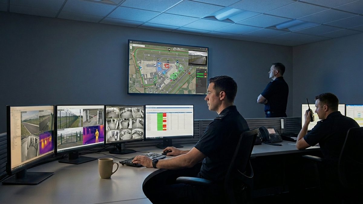 Airport operations center with security and airfield operators monitoring perimeter intrusion detection screens and a unified situational awareness wall display