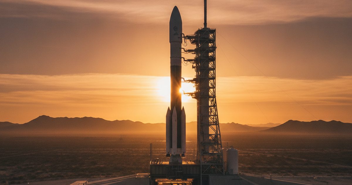 A rocket on a desert launch pad at sunrise, evoking American aerospace ambition