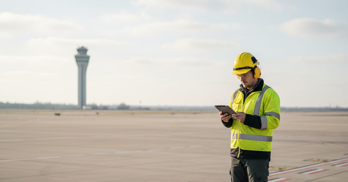 Airport safety inspector conducting a FOD walk inspection on an airfield