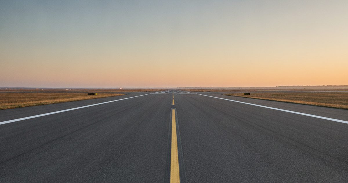 Airport runway at dawn with crisp centerline and edge markings on immaculate pavement