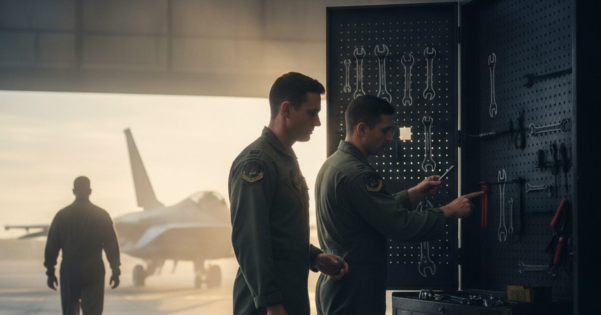 Two military maintainers checking a shadowboard tool cabinet during a hangar shift change at dawn