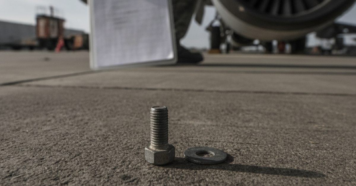 A stray steel bolt and washer on a flightline next to a jet engine intake, with an inspection checklist in the background