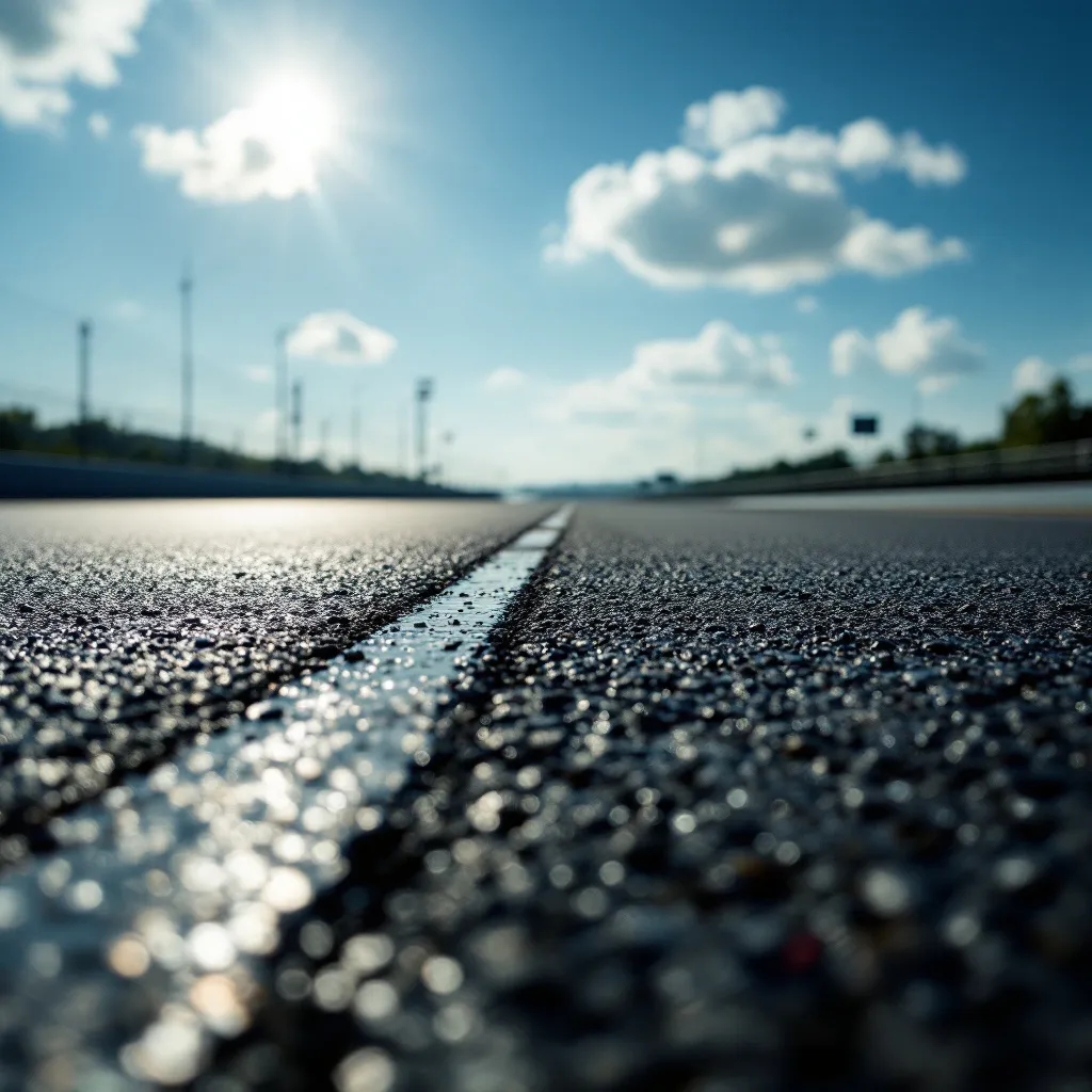 Oil residue on racetrack surface—potential hazard before debris sweep.