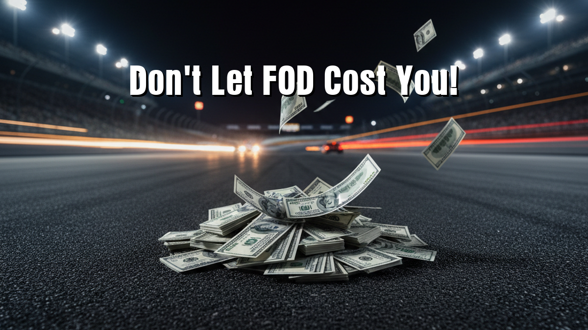 Cash blowing away on a racetrack at night illustrating the financial cost of track debris