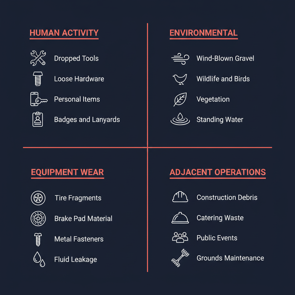 Infographic showing four main sources of FOD: human activity, environmental factors, equipment wear and adjacent operations