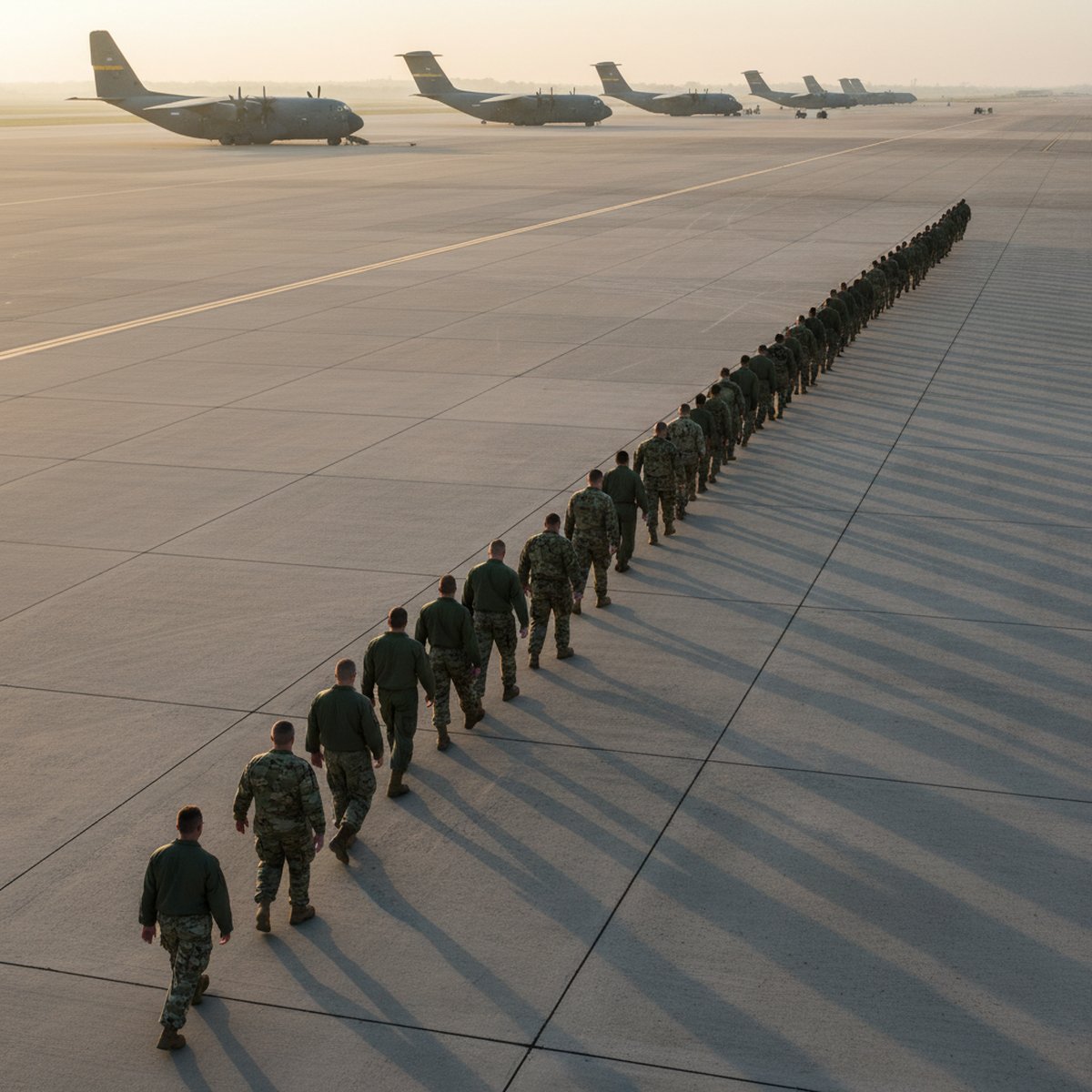 Military personnel conducting shoulder-to-shoulder FOD walk across an airfield taxiway at dawn