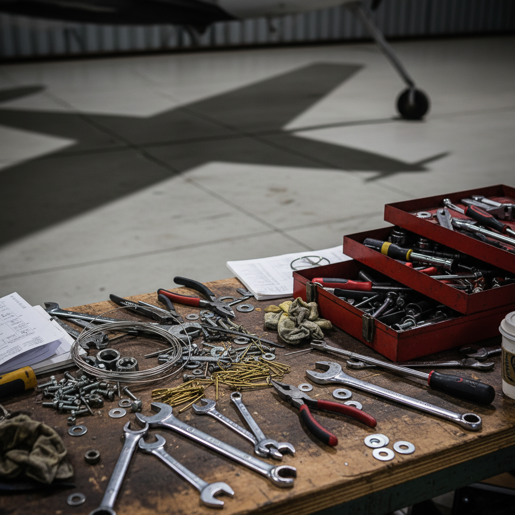 Cluttered aircraft maintenance workbench with scattered tools