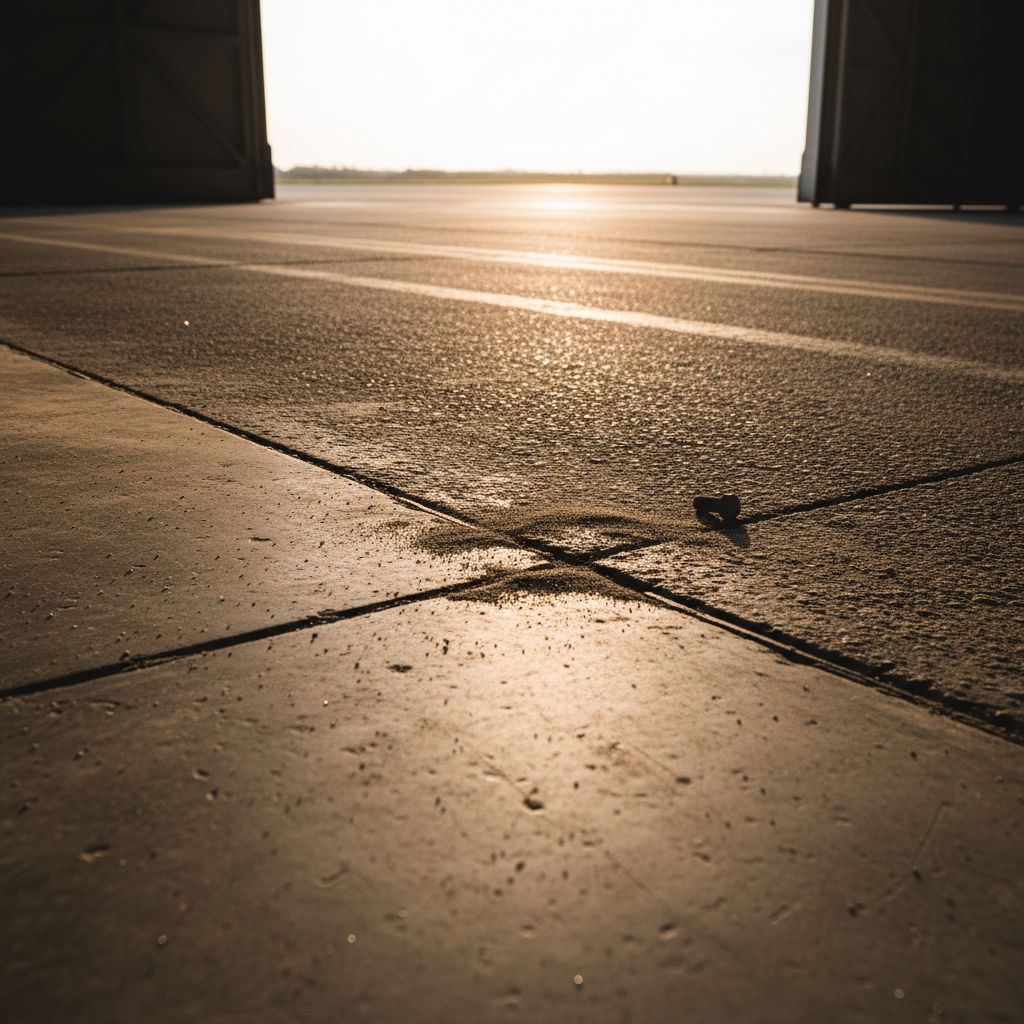 Hangar floor transition zone showing small debris