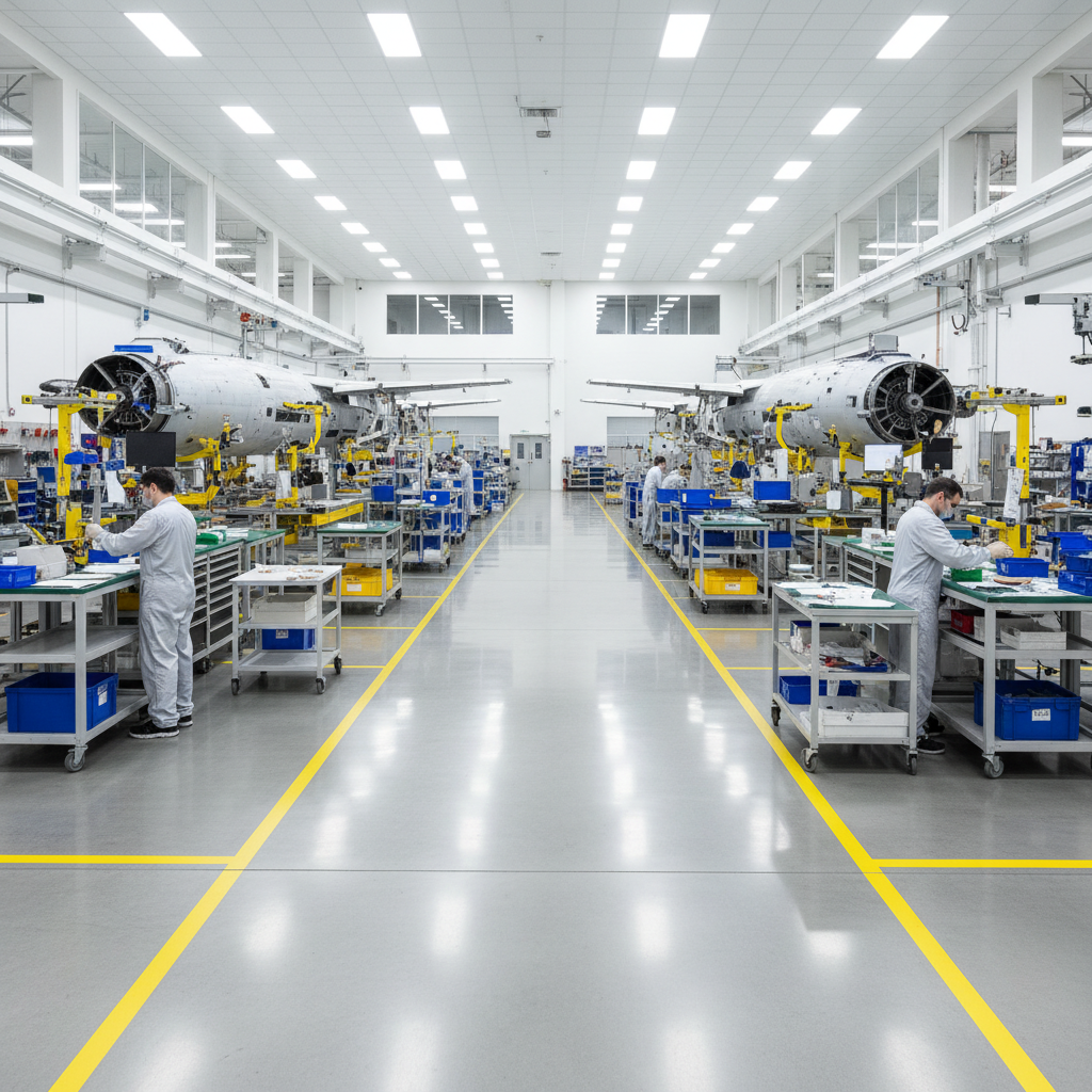 Clean and organized aerospace manufacturing facility floor with workstations and assembly jigs under bright lighting