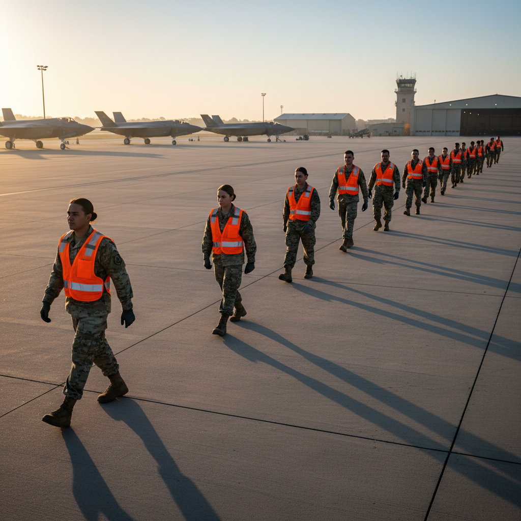 Military personnel conducting FOD walk on flight line
