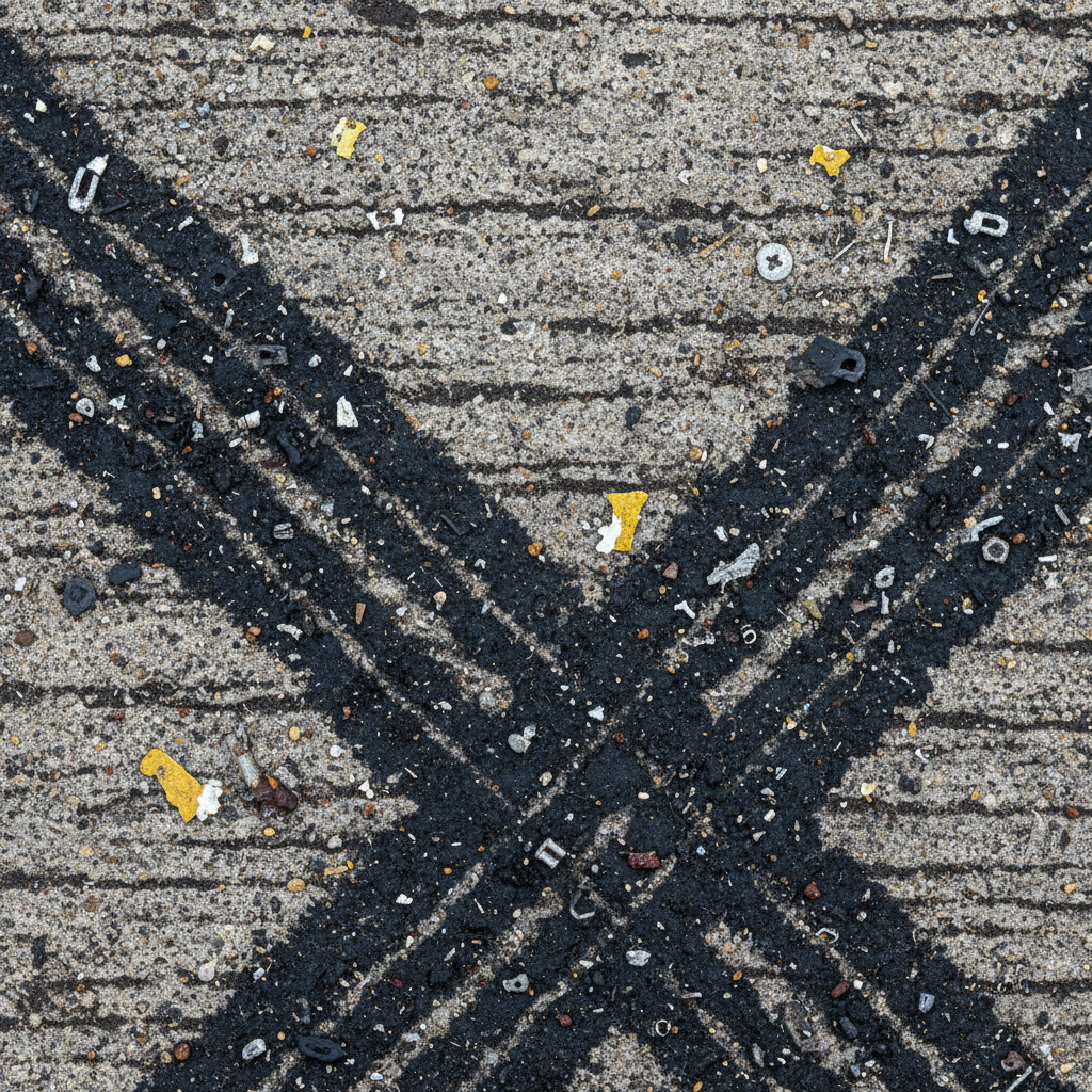 Close-up of concrete military taxiway showing tire marks and debris from ground support equipment