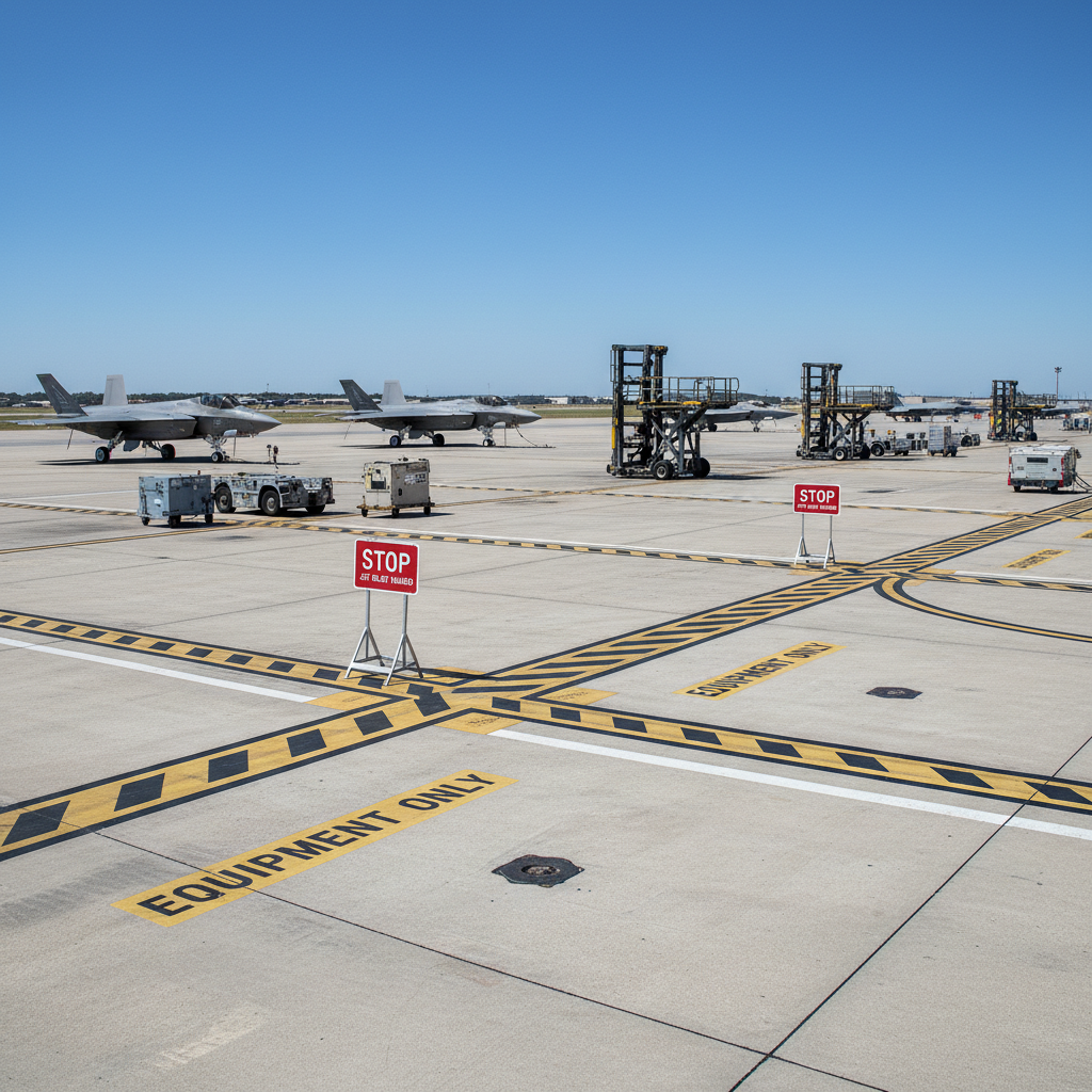 Military transition zone where ground support equipment paths cross aircraft movement areas