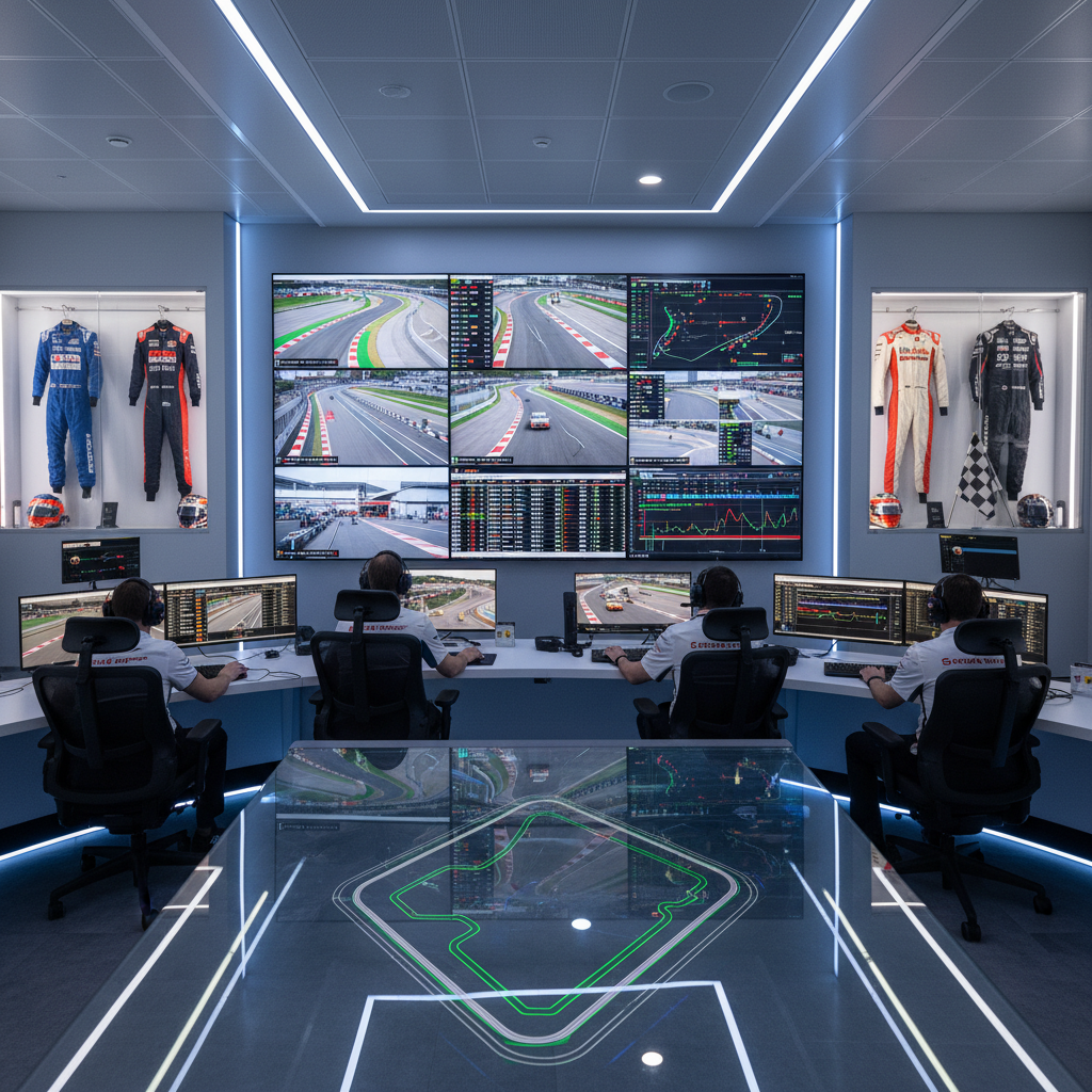 Race track control room with AI detection monitors