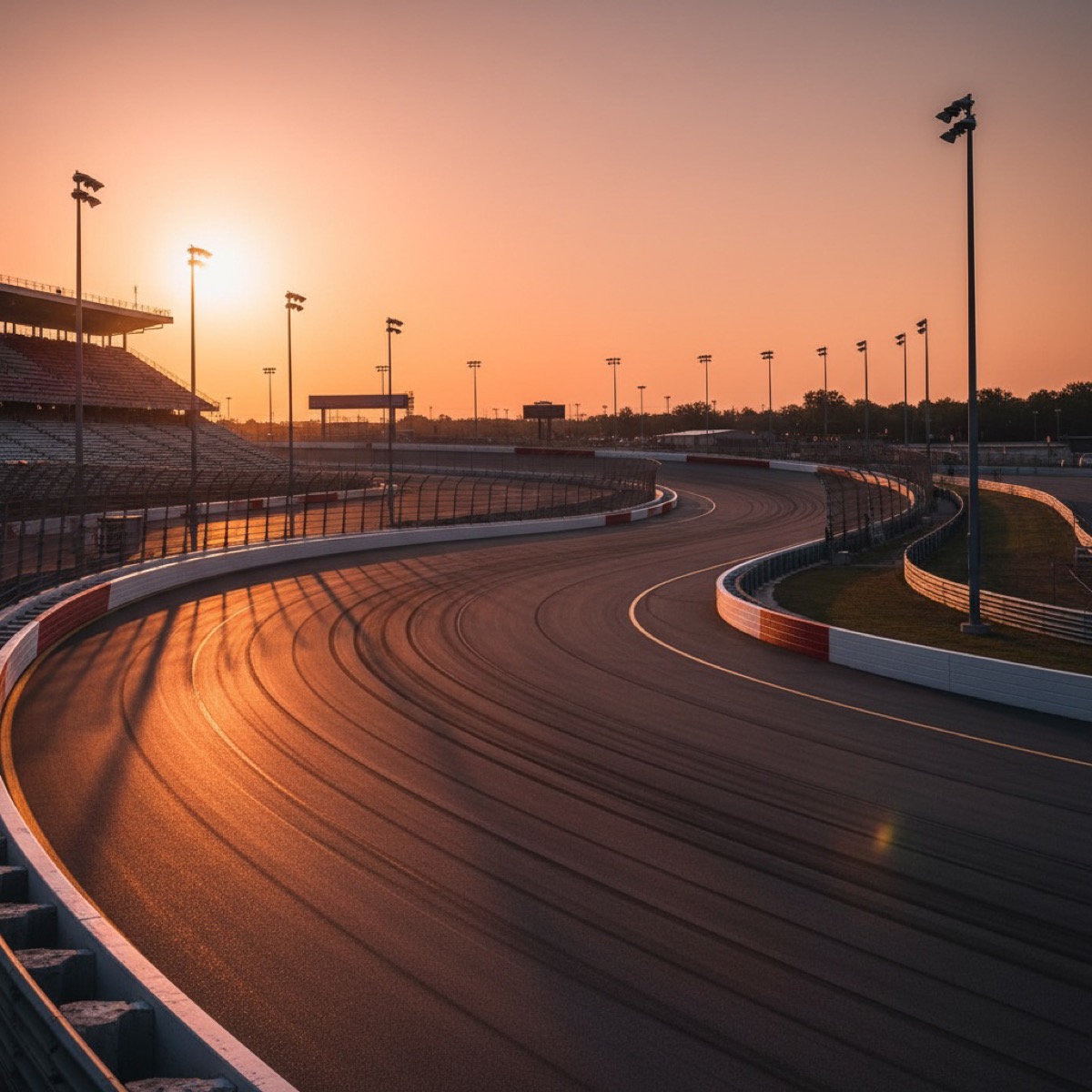 Professional racetrack oval at golden hour showing clean asphalt surface with tire marks and banking