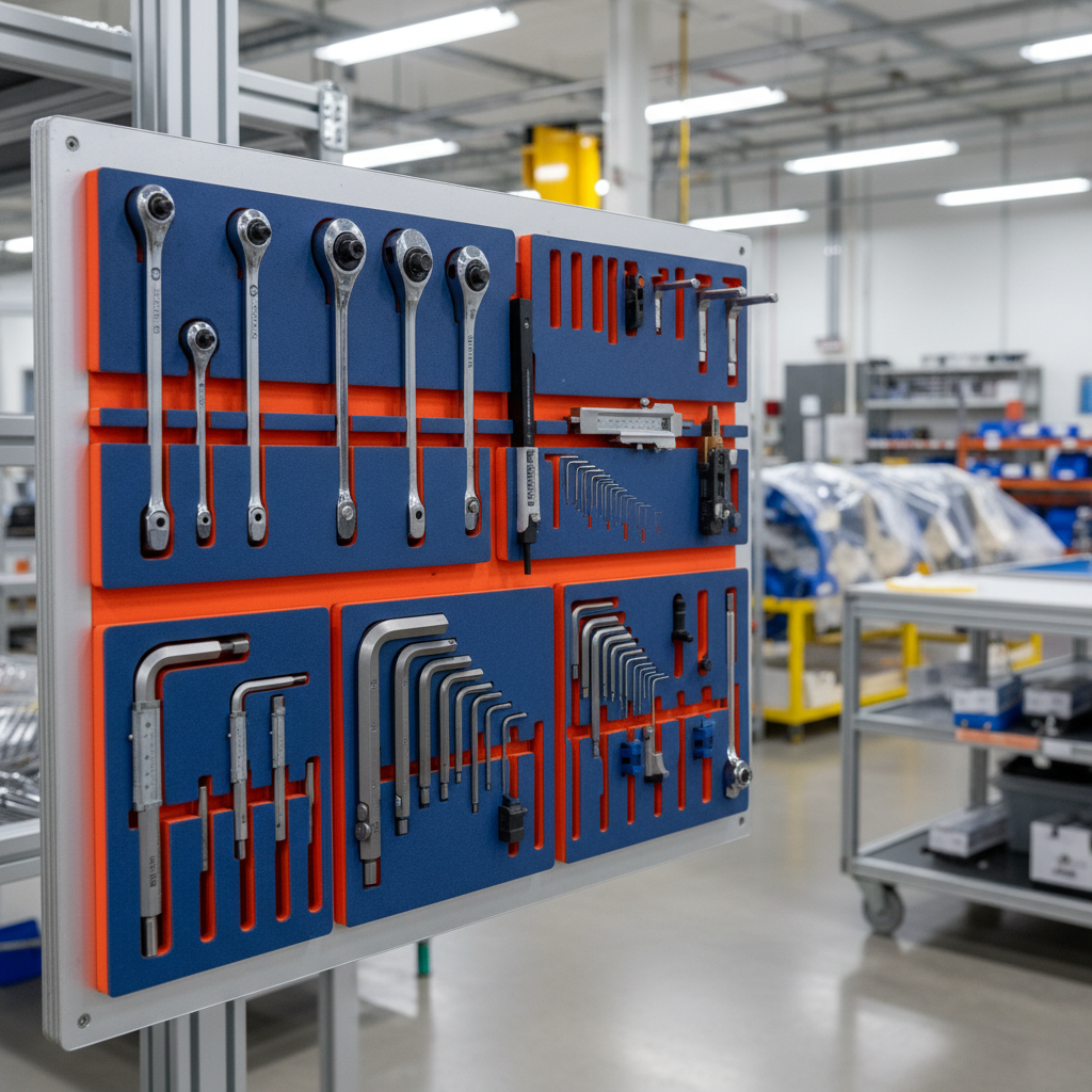 Organized tool shadow board with custom foam cutouts showing tool accountability in an aerospace manufacturing facility
