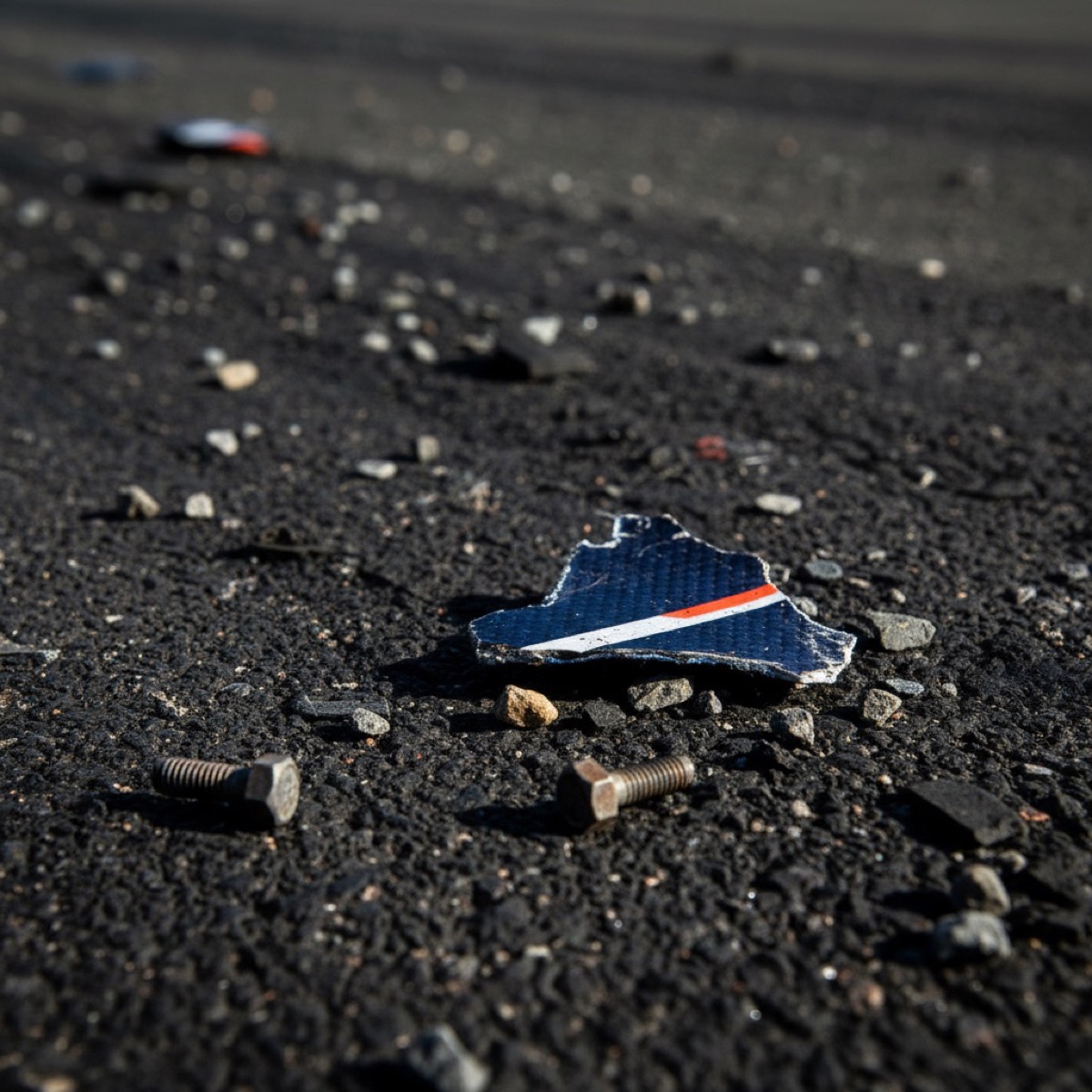 Close-up of foreign object debris on racetrack surface including bolts rubber fragments and gravel