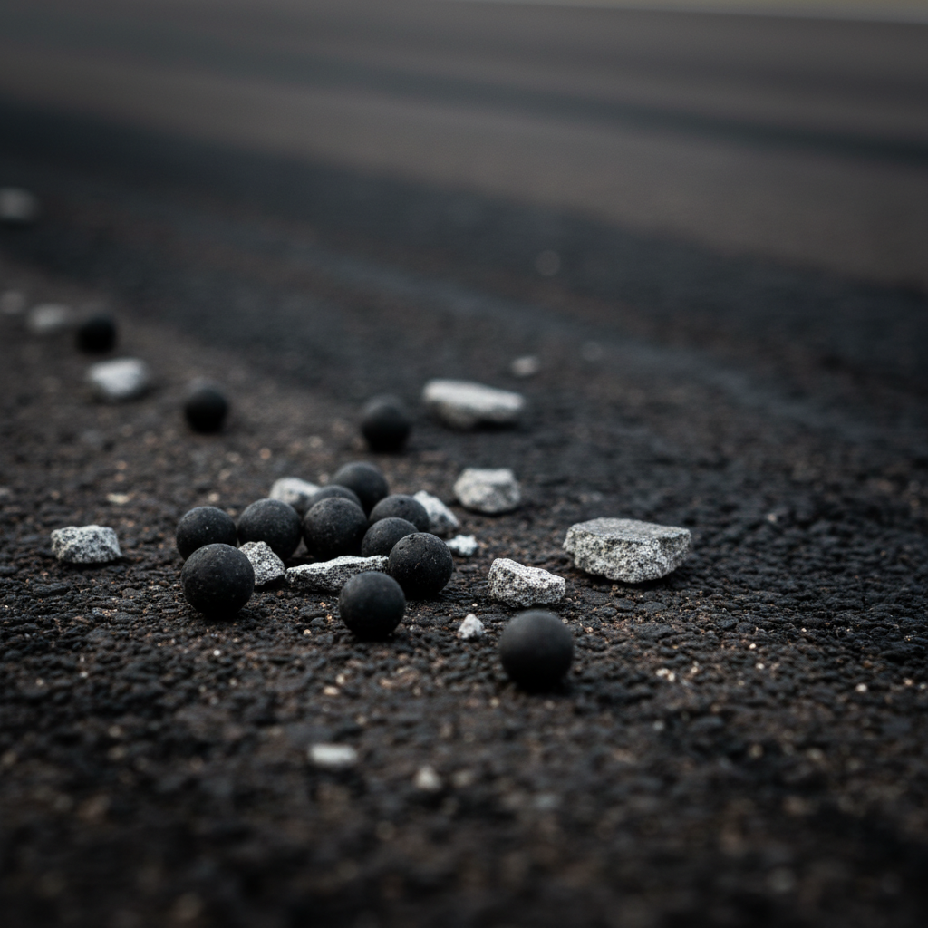 Close-up of rubber marbles and concrete chips on track surface