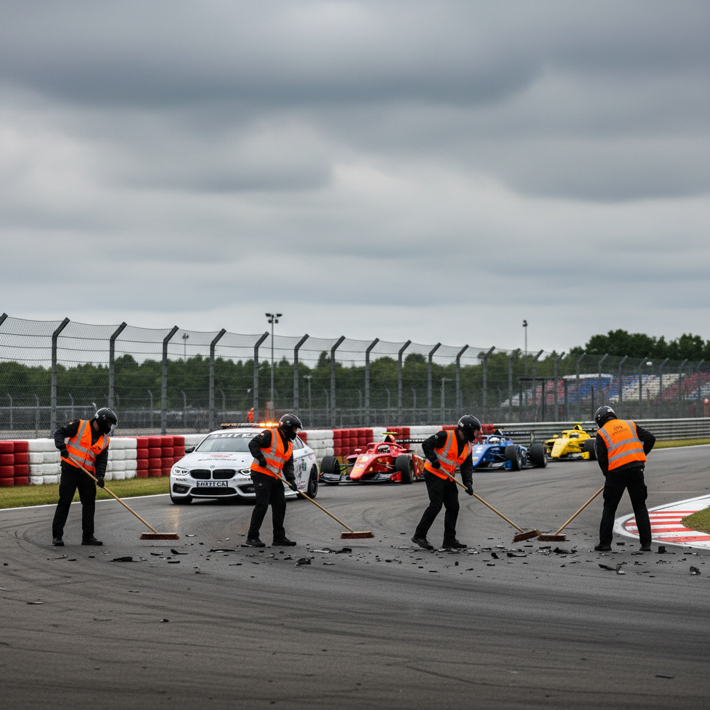 Track marshals cleaning debris during safety car period